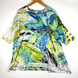 Jess and Jane Shirt Womens Large Blue Green Rain Forest Print Made in USA Artsy